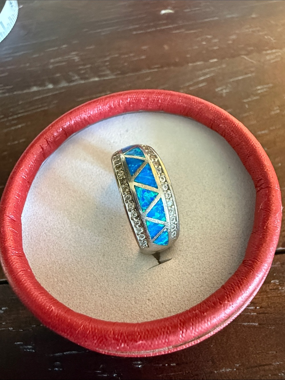 Sterling Silver Blue Opal Inlay Ring with Crystal Accents